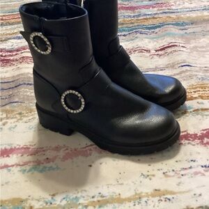 Big Girl Black Ankle Boots with Rhinestone Buckles